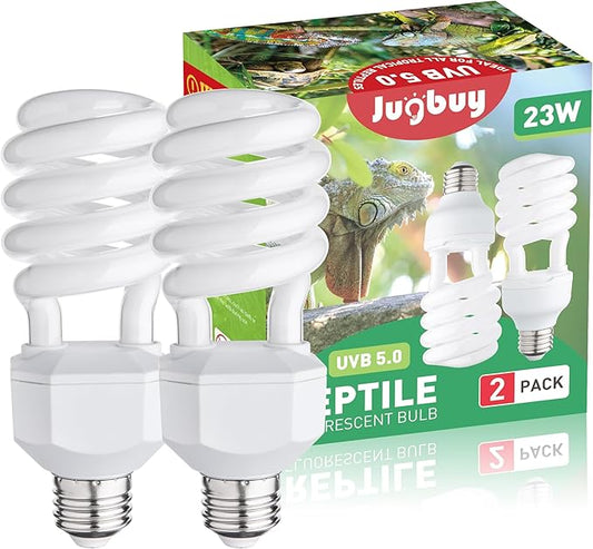 UVB Reptile Light Bulb 5.0, 23W UV Spiral Compact Florescent Terrarium Lamp Ideal for Tropical Reptiles Bearded Dragon Hermit Crab Turtle Leopard Gecko Tank Chameleons Iguanas Snake - 2 Pack