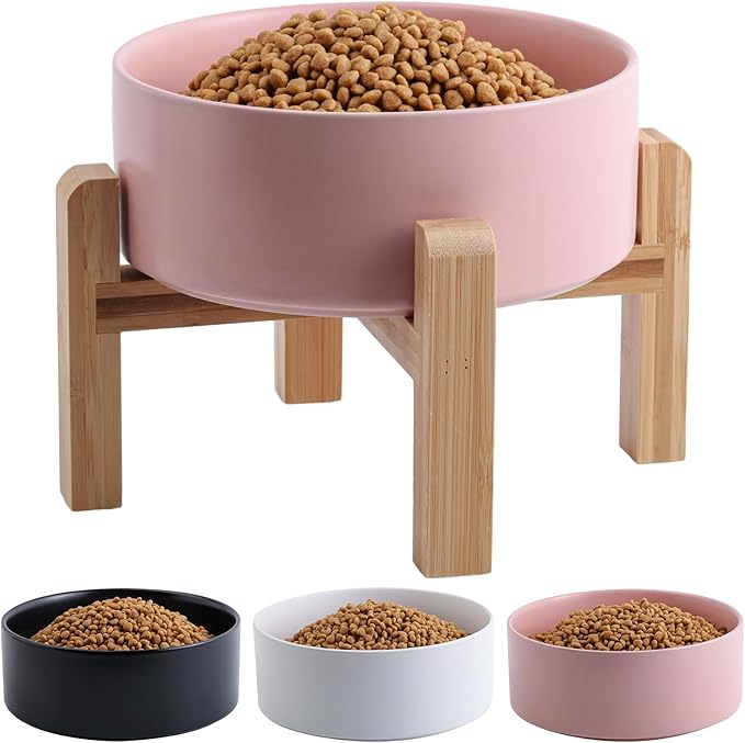 Pink Elevated/Raised Dog Bowl Ceramic for Medium Large Sized Breed,Dog Food Water Bowl with Stand,8 in 7.6 Cups Non Slip Heavy Weighted Dog Dish