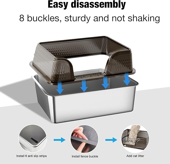 Suhaco Extra Large Stainless Steel Litter Box with Lid XXXL High Sided Cat Litter Boxes Included Litter Mat & Litter Scoop Anti-Urine Leakage Metal Pet Toilet for Big Cats (Black XXXL)