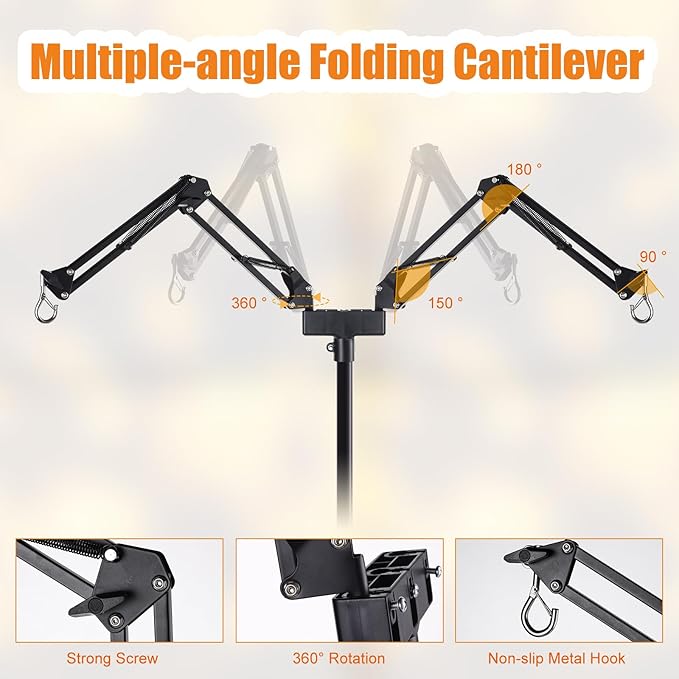 Dual Reptile Lamp Stand Reptile Light Stand with Two Flexible Brackets, Height Adjustable (15.7 inch to 74.3 inch) for Hanging Heat Lamp Holder and Light Fixture