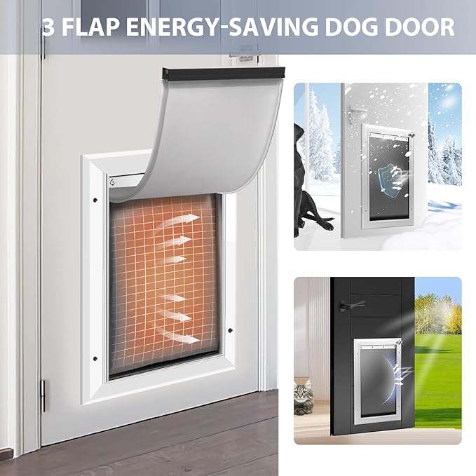 [Petoasis] Heavy Duty Aluminum Dog Door with Lock,3 Flap Insulated Doggie Doors with Installation Manual,Durable and Rust Resistant, Patent: USD1057087S, (Silvery White, Meduim for Door)