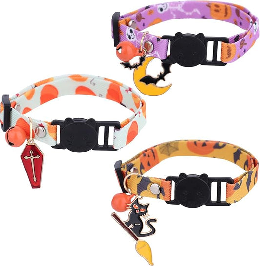 3pcs Halloween Cat Collars with Bells, Polyester Adjustable Breakaway Festive Kitten Puppy Collars Playful Holiday Accessories for Small Dog Kitty Pets (Black Cat, Bat, Cross Pattern)
