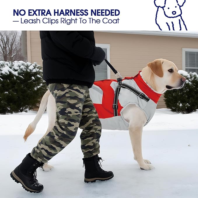 FUAMEY Dog Winter Jackets for Large Dogs,Dog Coat with Harness Built in,Waterproof Dogs Snowsuits Warm Pet Jacket Zip Up Fleece Cold Weather Coats Reflective Puppy Vest with Pocket Red 2XL