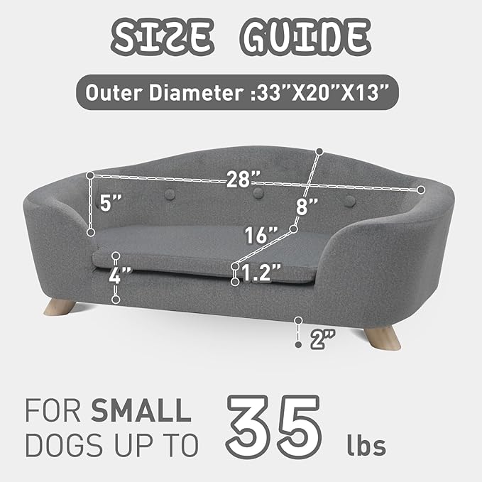 SHAVI Large Dog Couch, 35" Wide Pet Sofa for Large and Medium Dogs with Removable Mattress Cover, Luxury Raised Dog Couch Velvet Lounging Bed with Anti-Slip Bottom(Grey)