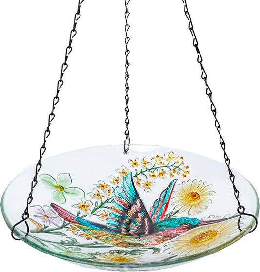 MUMTOP Hanging Bird Bath-Bird Baths for Outdoors - 12 Inch Hummingbird Daisy Glass Bird Water Bowl Bird Feeders for Outside, Garden, Lawn Yard Decor