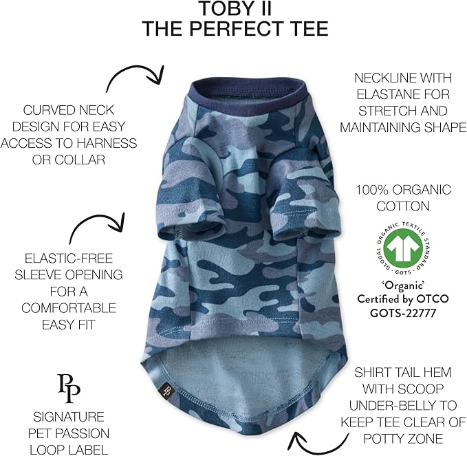 Toby II - The Perfect Tee, 3 Pack Short Sleeve Pet T-Shirt 100% Organic Cotton Tees Clothes for Small, Medium, Large Dogs, Navy Camo, Small