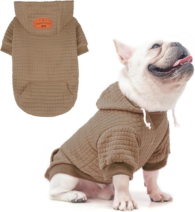 BEAUTYZOO Small Dog Hoodie Sweater with Pockets, Dog Clothes for Small Medium Dogs Boy Girl, Waffle-Like Laminated Cotton Pet Coats with Hat and Leash Hole, Khaki SM