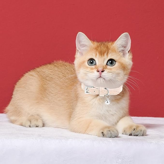 PUPTECK 2 PCS Soft Genuine Leather Cat Kitten Collar with Bells Adjustable for Girl Boy Cats Puppy - Cream, Brown