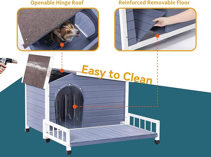 Petsfit Large Dog House - 45" L x 54" W x 33" H with Terrace & Openable Roof, XL Outdoor House for Large Dogs, Window & Door Flap