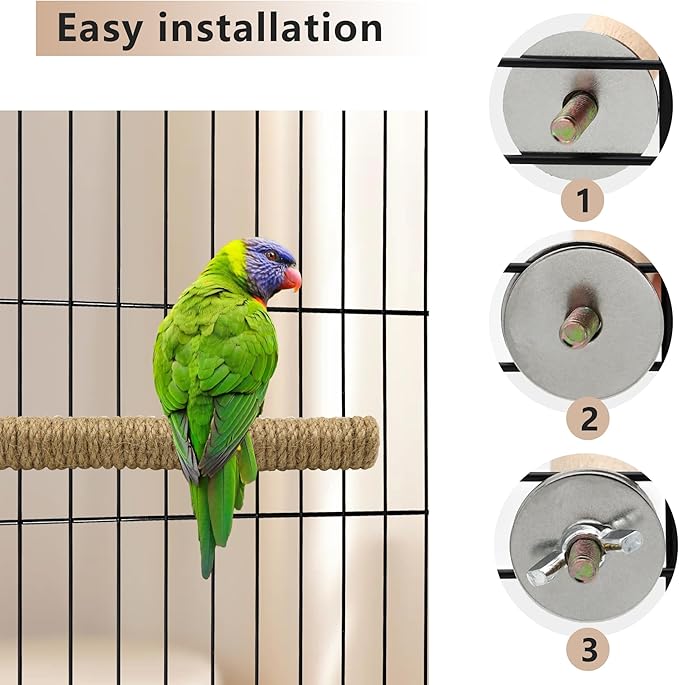 2PCS Bird Perch Parrot Stand Cage Accessories Natural Wooden Stick Paw Grinding Rope-surfaced Chew Toy Standing Rod for Exercise Training Branches (Rope-7x0.9in-2p)