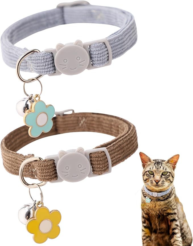 2 Pack Cat Collar with Bells, Corduroy Adjustable Kitten Collars with Breakaway Safety Buckle for Boy Girl Cats-Blue Brown