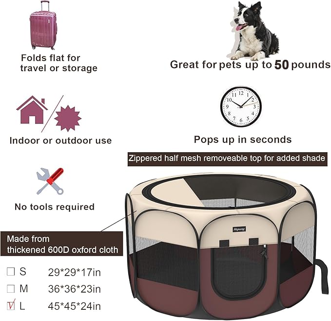 Portable Pet Playpen, 8-Panel Indoor/Outdoor Puppy Pen with Shade Cover & Travel Bag - Waterproof Dog Cat Tent Includes Collapsible Bowl