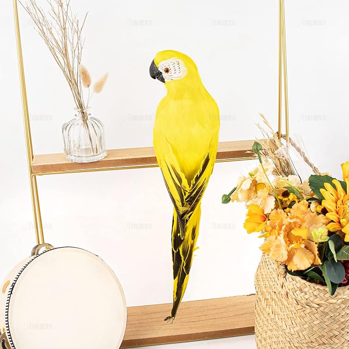 AUEAR, 17.7 Inch Yellow Lifelike Artificial Big Birds Feathered Fake Shoulder Parrot Decor Model for Decoration Craft