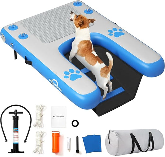 Dog Boat Ramp - Inflatable Dog Pool Ramp for Boat (40" x 35.5"), Non-Slip Water Ladder for Dock, for Pets Up to 250 lbs, Easy Access from Swim Platform, Pool or Floating Docks for Lakes, Blue