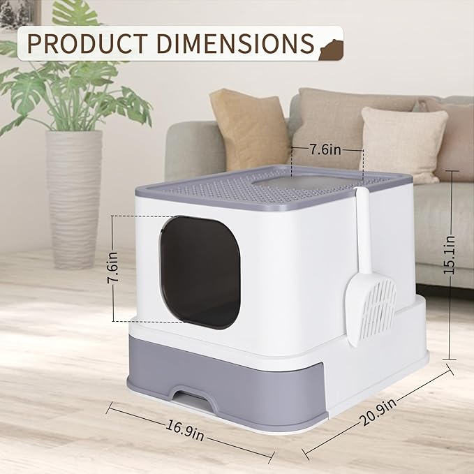 RIZZARI Large Enclosed Cat Litter Box : Covered Leak-Proof Reduces Odor - for Indoor Use Cat Owners (White)