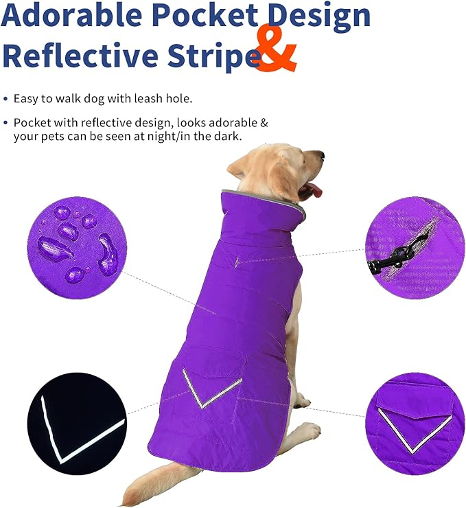 Dog Coat, Waterproof Dog Winter Jacket with Pocket, Reflective Adjustable Pet Snow Vest, Warm Cozy Fleece Sweater for Small Medium Extra Large Dogs - Purple, L