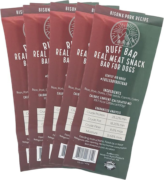 Bison & Pork Dog Treat - Real Meat Snack Bars - Natural, Grass Fed, Hormone & Antibiotic Free Snack Bars for Active Dogs with Dates, Chia Seeds, Carrots & Celery - 1.5oz - 5 Packs