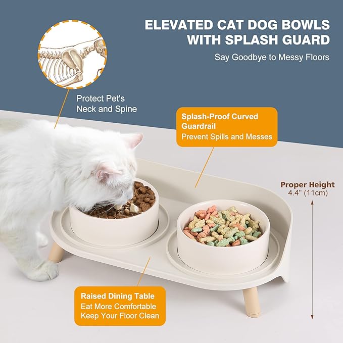 Raised Cat Food and Water Bowl Set - Elevated Ceramic Dishes With Non-Slip Stand and Splash Guard for Small Dogs - 2 x 480 ML (16.2 OZ)