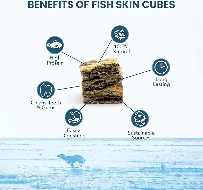 SKIPPER'S Cod Fish Skin Small Jerky Cubes - Gently Air Dried Single Ingredient Cod Skin Dog Treats, Rich in Omega 3 & Grain Free Crunchy Bites, Hypoallergenic & Gluten Free | Great for Teeth (8.82 Oz)