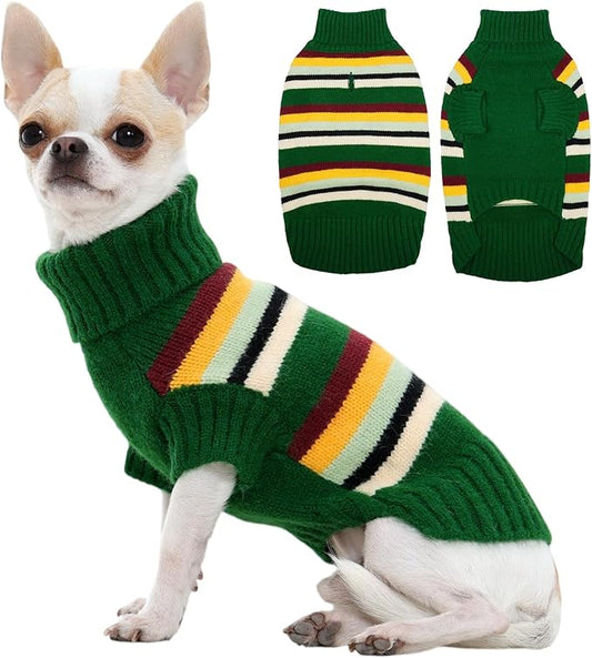 Kuoser Dog Sweater, XS Dog Christmas Sweater, Pullover Turtleneck Puppy Striped Knitwear, Dog Sweaters for Small Dogs Boy Girl Yorkie Chihuahua, Green XS