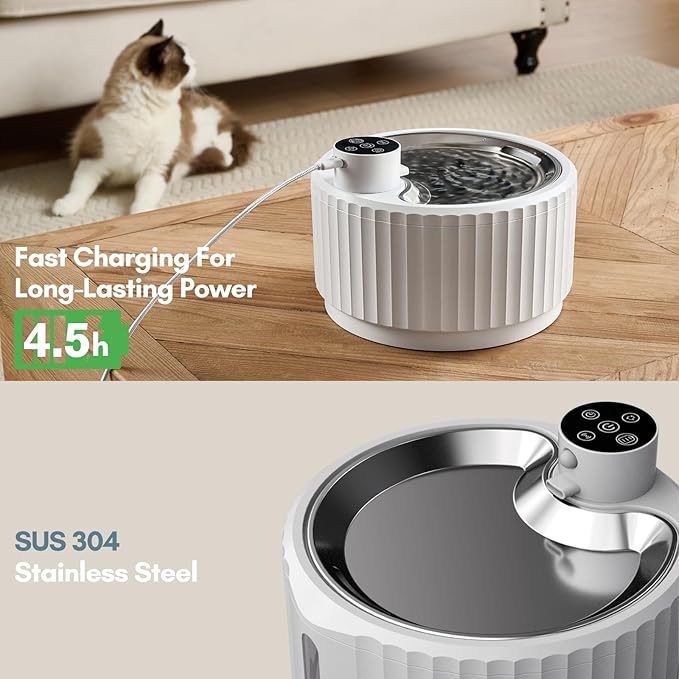 Leafur Cat Water Fountain, Battery Operated - Motion Sensor Pet Fountain 2.8L/95oz, Automatic Water Dispenser with Quiet Pump & Stainless Steel Tray (White Cordless)