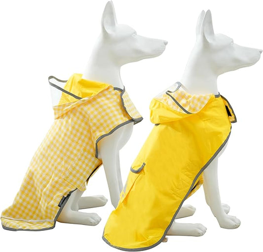 MAMORE Dog Raincoat Reversible,Waterproof Dog Rain Coat Hooded Slicker Poncho with Reflective Strip, Plaid Double Layer Rain Jacket for Small Medium Large Dogs (Yellow, Large)