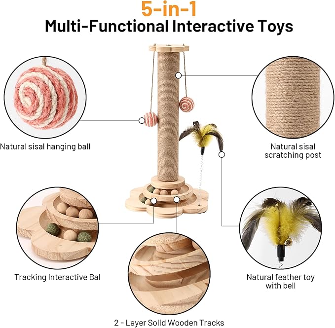 Kitten Small Cat Scratching Post Sisal Scratch Post for Indoor Cat with Hanging Ball,Solid Wooden 2 Level Track,Interactive Cat Toy