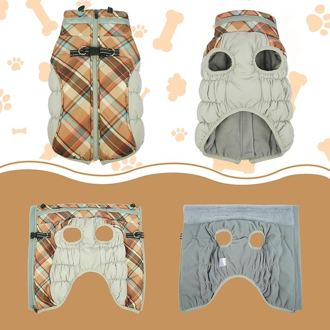Lelepet Dog Coat Warm Dog Winter Coat Waterproof Dogs Jacket with Harness Built in Reflective Pet Fleece Vest Zip-Up Cold Weather Coats for Medium Dogs Turtleneck & Windproof Dachshund Brown Plaid M