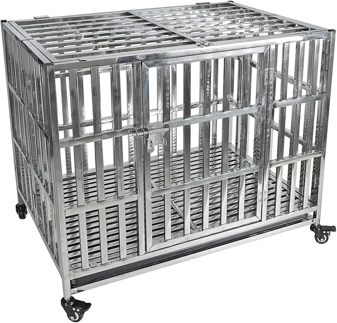 37" Stainless Steel Dog Crate Pet Kennel Foldable Dog Kennels Dog Cage Pet Playpen with Lockable Wheel, Tray for Small and Medium Dogs