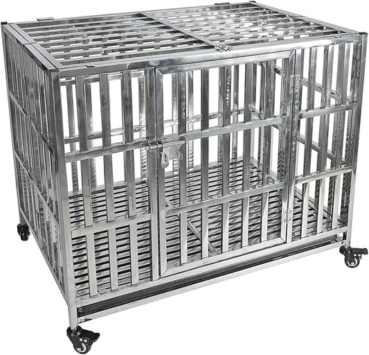 37" Stainless Steel Dog Crate Pet Kennel Foldable Dog Kennels Dog Cage Pet Playpen with Lockable Wheel, Tray for Small and Medium Dogs
