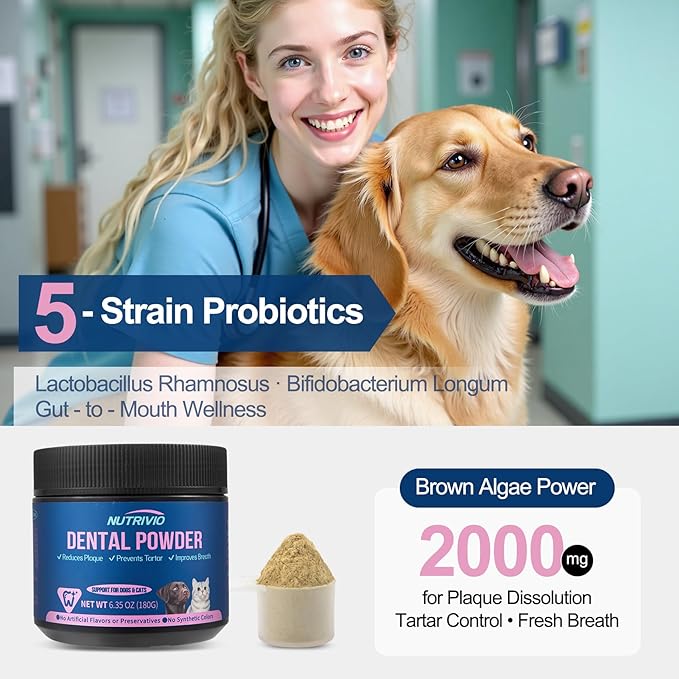 Dental Powder for Dogs & Cats - Teeth Cleaning for Dog Breath Freshener, Plaque and Tartar Remover, 5 Strains of Probiotics and Natural Ingredients, Dental Care for Dogs - 6.35oz(180g)