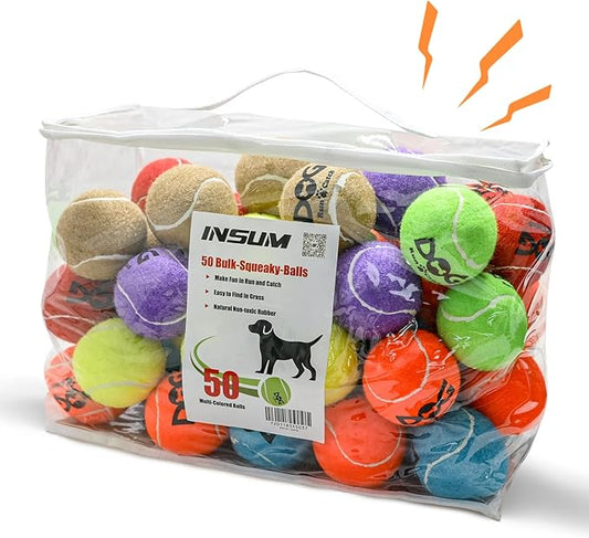Squeaky Tennis Balls for Dogs - Bulk 50 Pack 2.5'' Durable Non-Toxic Outdoor Dog Toys Balls with Mesh Bag, SGS Certified, Colorful Fetch Toys, Medium Large Breeds