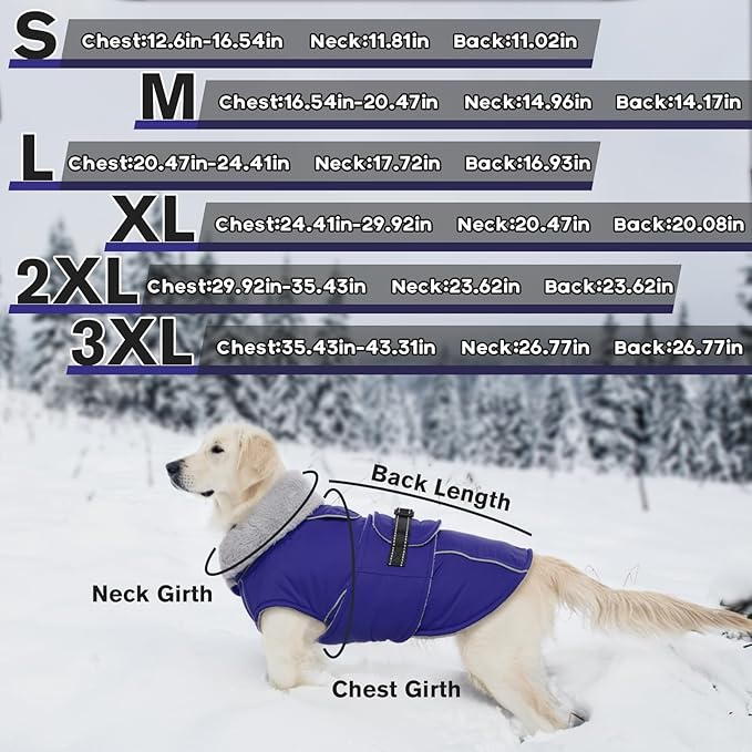 Lelepet Warm Dog Coat Reflective Fleece Vest Waterproof Dog Jacket with Adjustable Buckle Hook & Loop Windproof Cold Weather Coats for Small Medium Large Dogs, Blue, XL