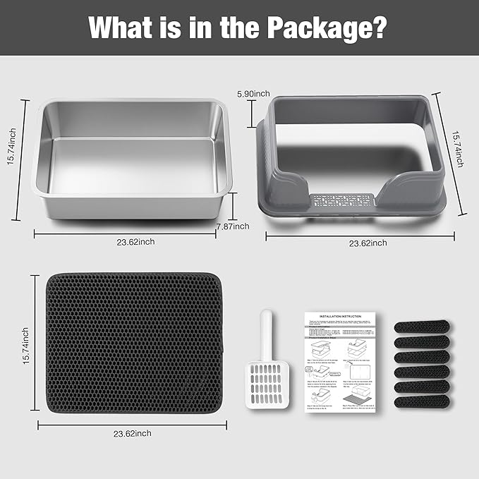 Suhaco Extra Large Stainless Steel Litter Box with Lid XXXL High Sided Cat Litter Boxes Included Litter Mat & Litter Scoop Anti-Urine Leakage Metal Pet Toilet for Big Cats (Grey XXXL)