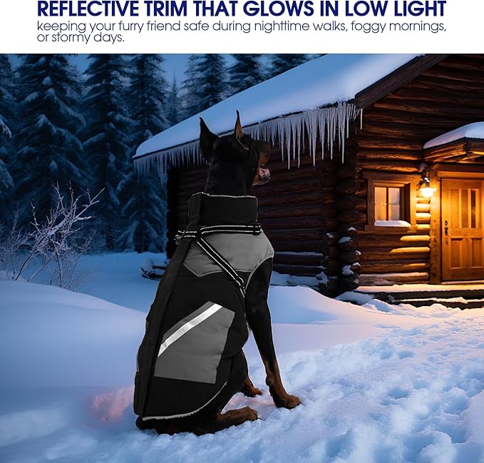 FUAMEY Dog Winter Jackets for Large Dogs,Dog Coat with Harness Built in,Waterproof Dogs Snowsuits Warm Pet Jacket Zip Up Fleece Cold Weather Coats Reflective Puppy Vest with Pocket Black 2XL