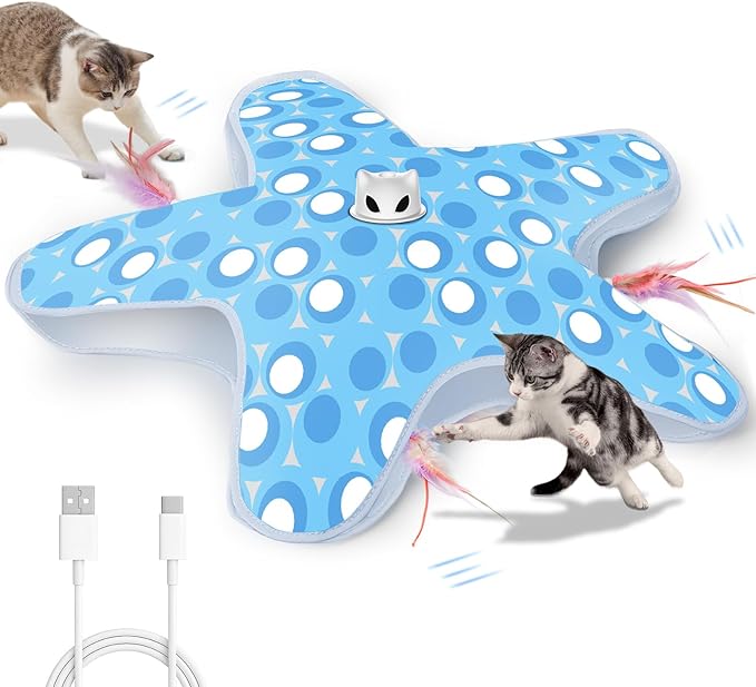 Interactive Cat Toys for Indoor Cats, Rechargeable Hide and Seek Cat Toy with Moving Concealed Feathers, Touch Activated Kitten Toys Cat Exercise Toys, Blue White Cover