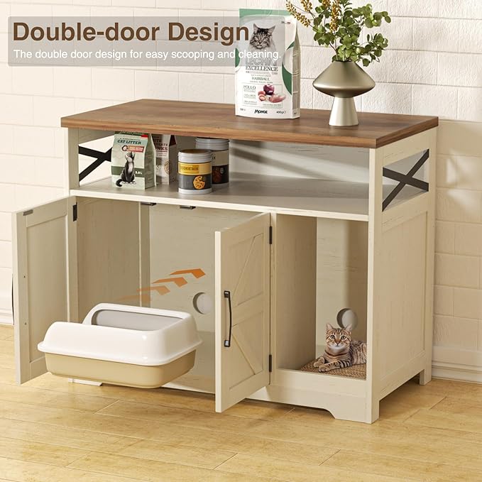 Cat Litter Box Enclosure, Hidden Litter Box Furniture with Scratch Pad, Farmhouse Indoor Cat House Washroom End Table, White