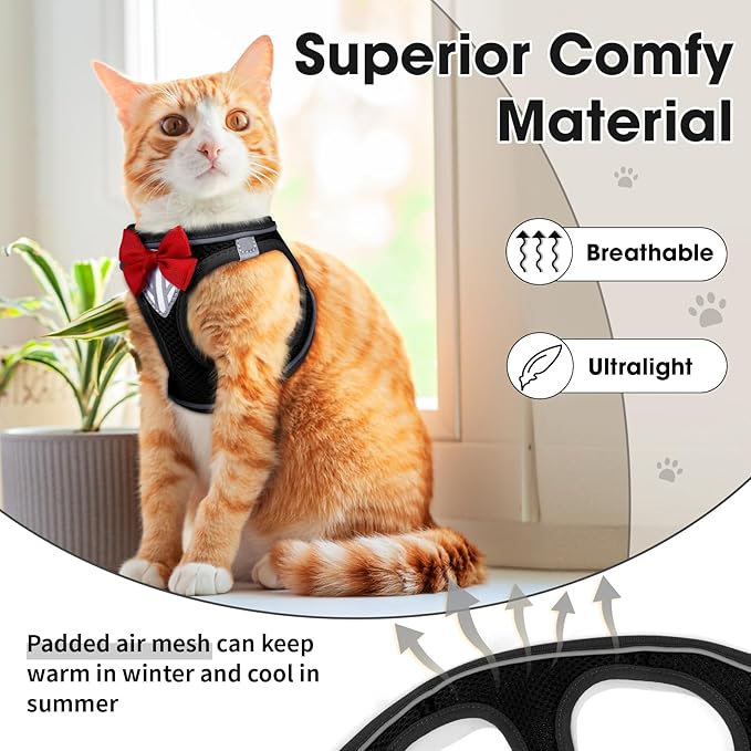 Cat Vest Harness and Leash Set for Walking Escape Proof, Adjustable Kitten Harness Breathable Mesh with Reflective Strips Harness for Kitty Puppy Bunny (Black,M)