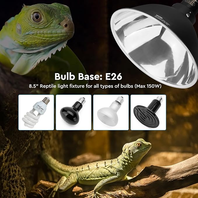 Reptile Light Fixture 8.5-Inch, Reptile Heat Lamp Max 150W, Reptile Tank Lighting Fixtures, Fixture for UVB Reptile Light, Reptile Lamps 2 Packs
