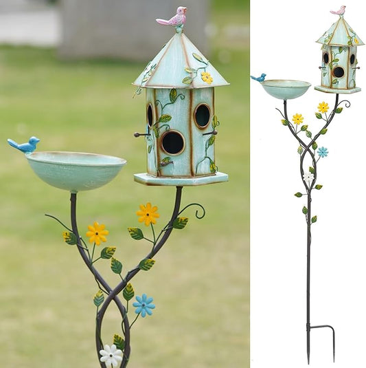 56" H Bird Baths and Bird Houses with Pole,Metal Bird Bath Bowl,birdhouses for Outdoors,Bird Bath with Stake,Garden Yard Decor