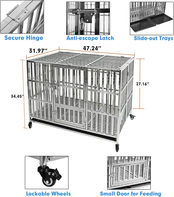47 INCH Heavy Duty Dog Cage Stainless Steel Pet Crate Kennel with Lockable Wheels & Removable Trays for Large and X-Large Dogs (Stackable)