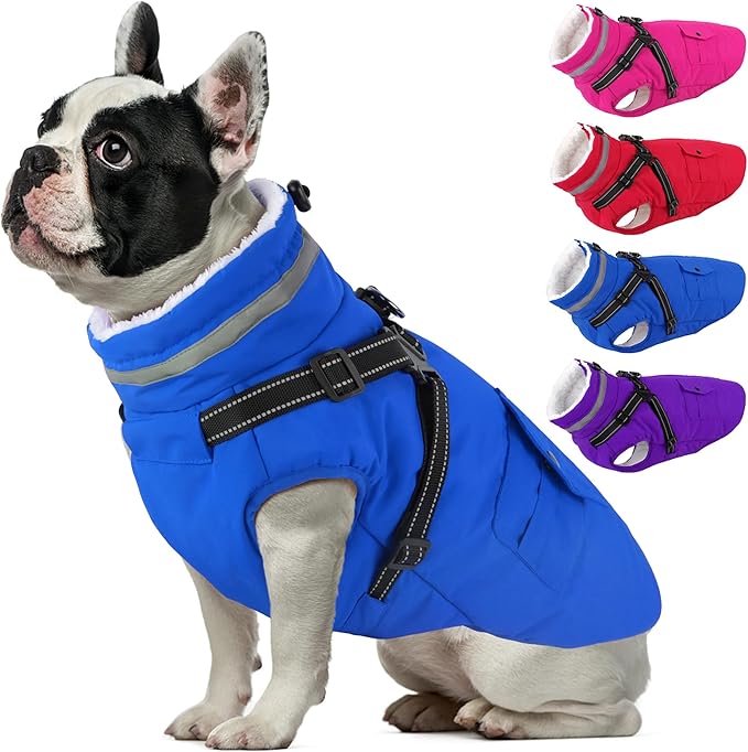 Dogcheer Dog Coat with Harness, Waterproof Dog Jacket Christmas Puppy Winter Coat with Pockets, Reflective Doggy Winter Jacket Soft Pet Fleece Snow Jacket for Small Medium Large Dogs - Blue, S