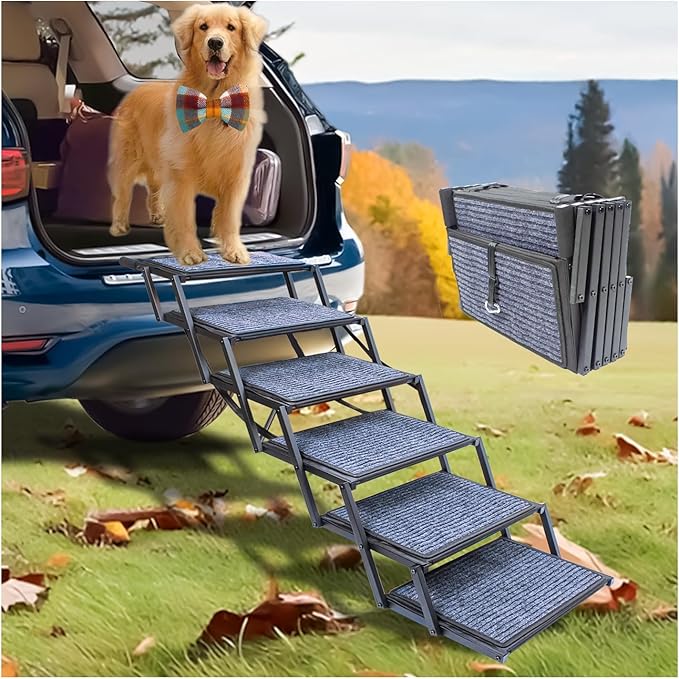 Extra Wide Dog Ramp for Car Truck and SUV Dog Stairs for Large Dogs Folding Pet Stairs with Non-Slip Rug Surface Supports Up to 280 lbs (Wide 6 Steps)