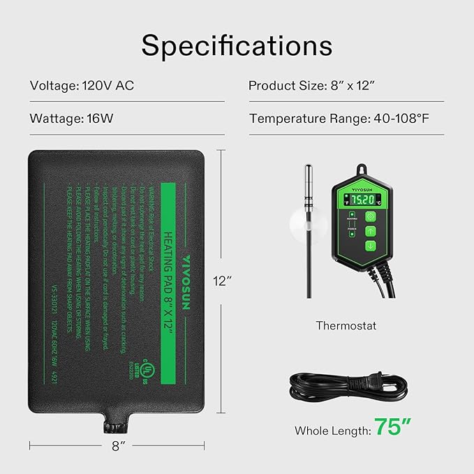 VIVOSUN Reptile Heating Pad 8x12 Inch with Thermostat Combo Under Tank Terrarium Heating Mat for Turtles, Lizards, Frogs, and Other Reptiles