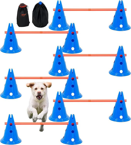 VEVOR 6 Sets Dog Agility Hurdle Cone Set, 12 Agility Cones 6 Agility Rods 2 Rod Buckles, Dog Agility Course Backyard Set Puppy Obstacle Course Jump with Storage Bag, Pet Outdoor Games