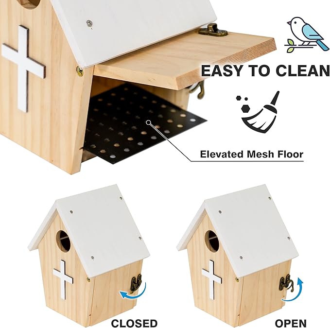 Church Style Large Bird House for Outdoor with Metal Tube, Thicken Wooden Hanging Birdhouse with Clear View Panel Clear View Panel Predator Guard Nesting Box for Swallow Wren Chickadee