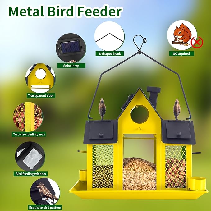 Solar Bird Feeders House for Outside Hanging, Metal Wild Bird Feeder for Outdoors, Large Cardinal Bird Feeder Birdhouses Squirrel Proof (Yellow)