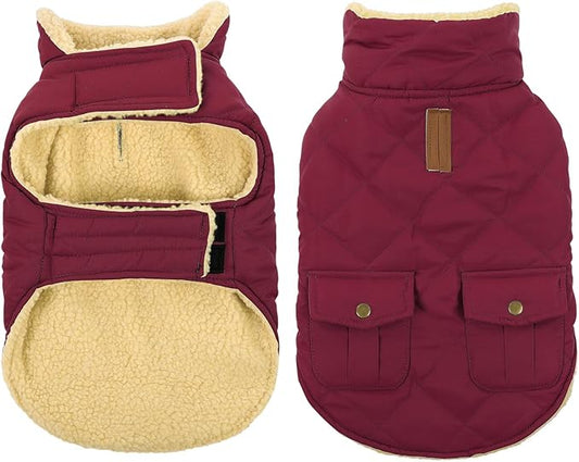 Queenmore Dog Winter Coat Warm Puffer Jacket Waterproof Plush Lining Thermal Cold Weather Vest for Small Medium Large Dogs, Windproof Easy On Pet Jacket Burgundy M