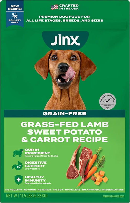Jinx Premium Grain-Free Dry Dog Food, for All Lifestages - Grass-Fed Lamb, Sweet Potato & Carrot Dog Food with Superfoods for Immune Support & Probiotics for Digestive Support - No Fillers - 11.5lb