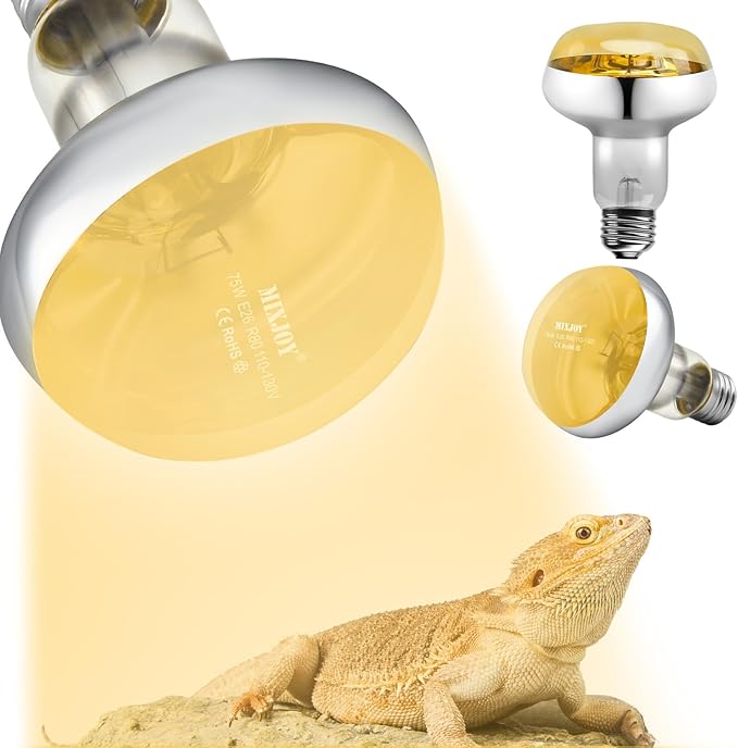 MIXJOY 2Pack 75W Reptile Heat Lamp Bulbs, Upgraded Golden Glass 60% Intense Heat Bulb UVA Daylight Basking Spot Light Bulb for Reptiles, Turtle, Lizard, Tortoise, Bearded Dragon, Gecko, Chicken